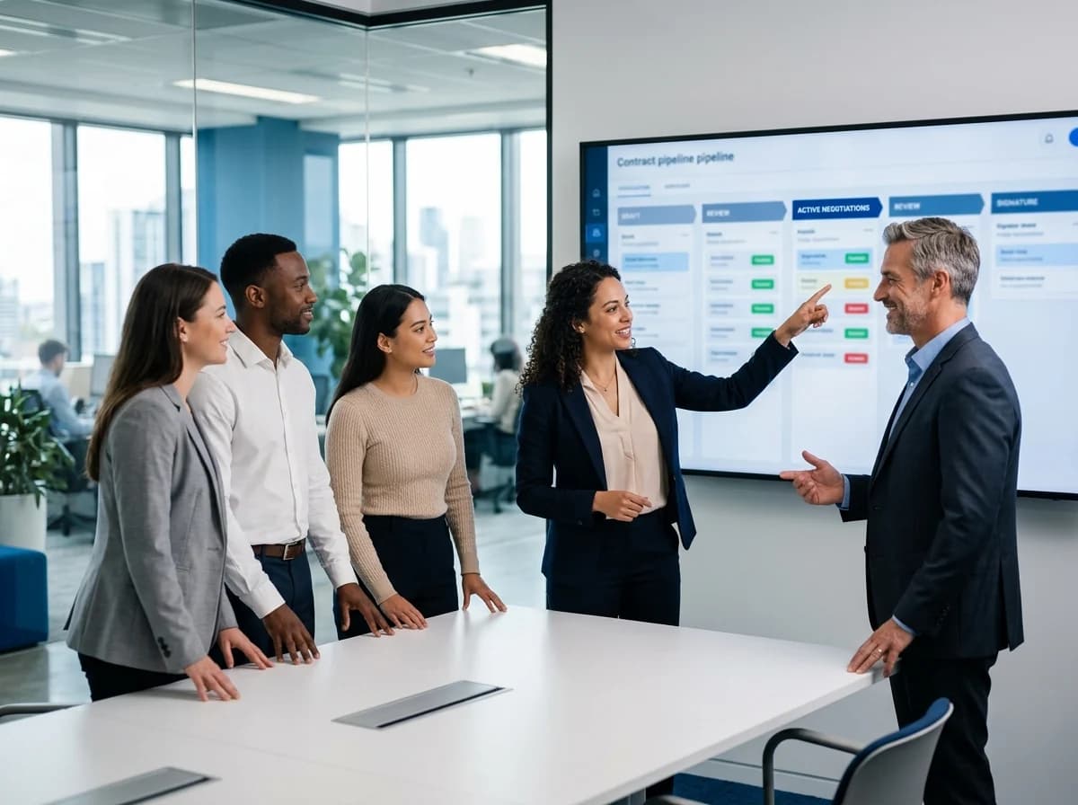 A team reviewing a contract lifecycle on screen