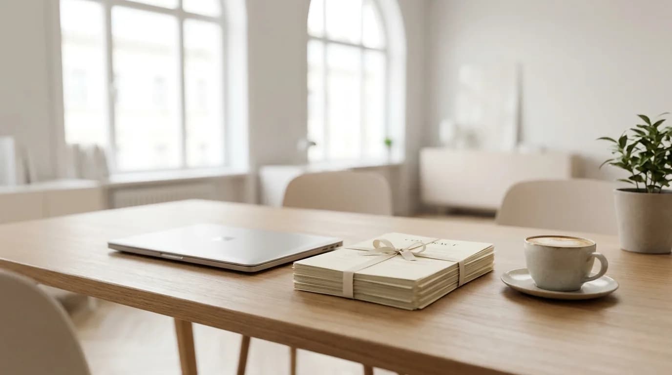 Laptop on an office desk displaying a document opened for review before electronic signing, with printed papers beside it