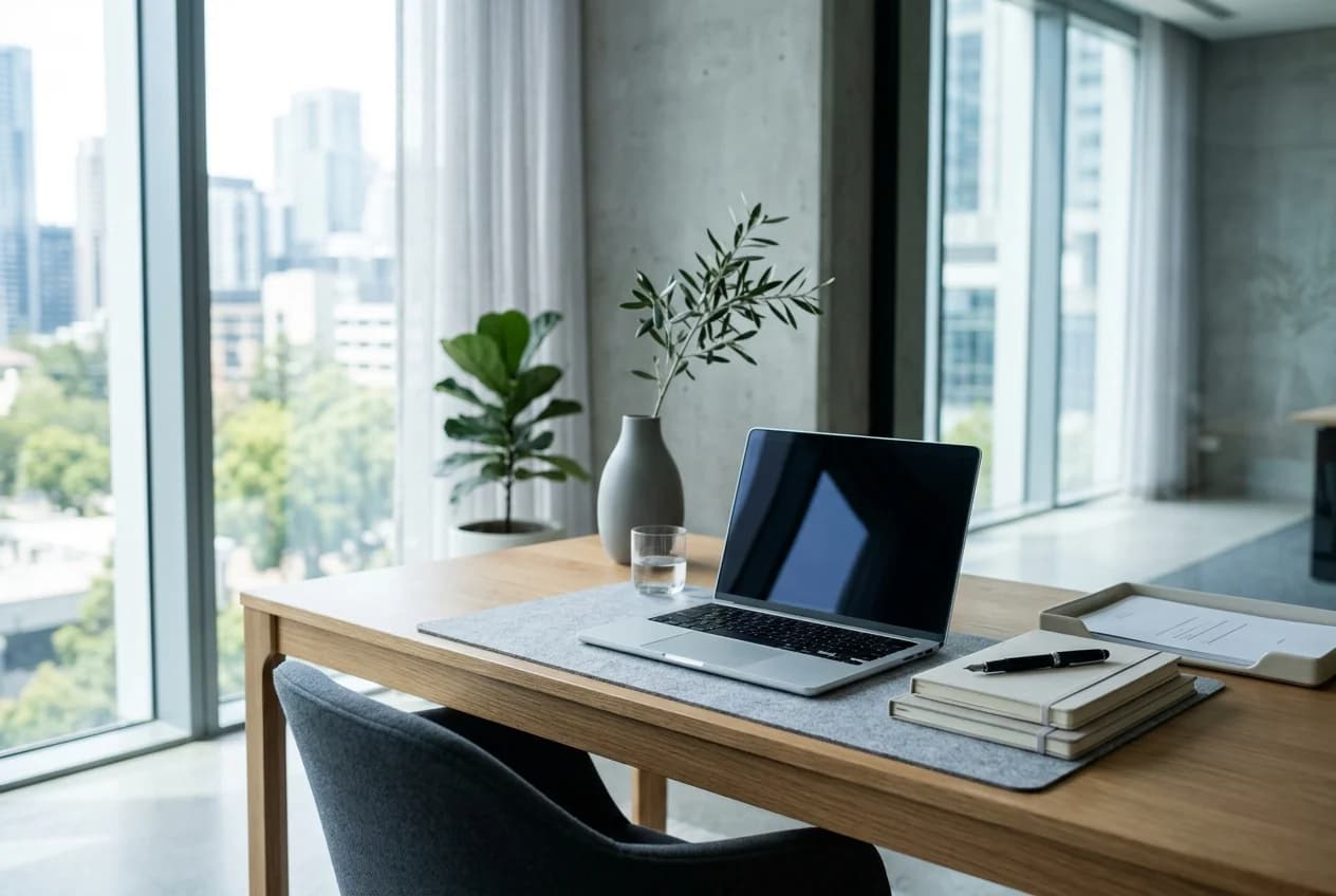 A bright modern office desk where a new hire signs an employment contract on a laptop and smartphone using a national eID app, printed contract pages and a coffee cup beside the keyboard.
