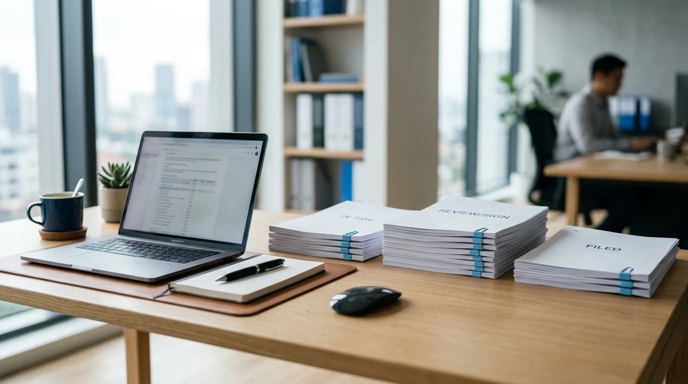 A person at a bright office desk reviewing a contract on a laptop while confirming an eID signing code on their smartphone