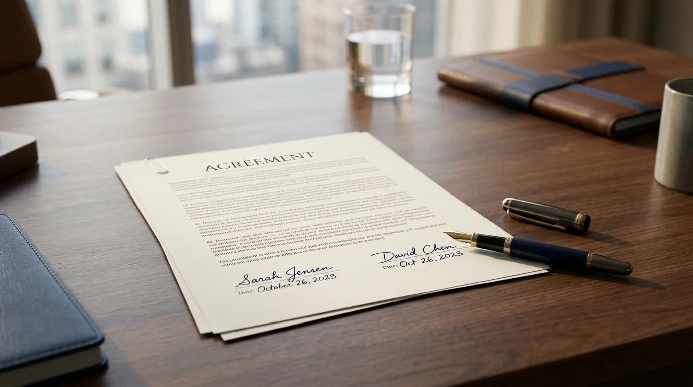 Person at an office desk reviewing a contract on a laptop while holding a smartphone used to confirm an electronic signature