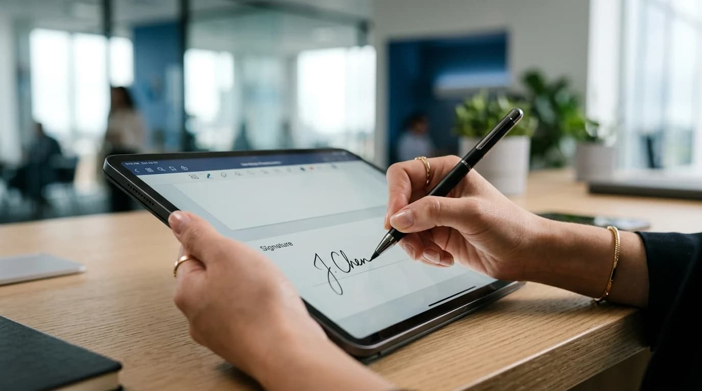 Two colleagues at an office desk reviewing a printed contract next to a laptop, one pointing at a clause